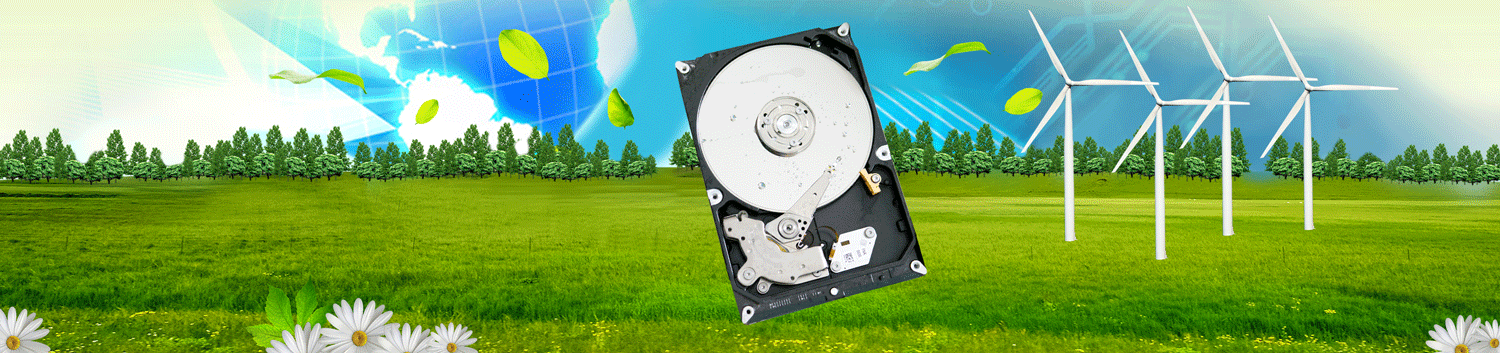 這張圖片以硬碟為中心，周圍是綠色的自然和象徵可持續發展的元素，旨在展現科技創新所蘊含的強大生命力和環保意識